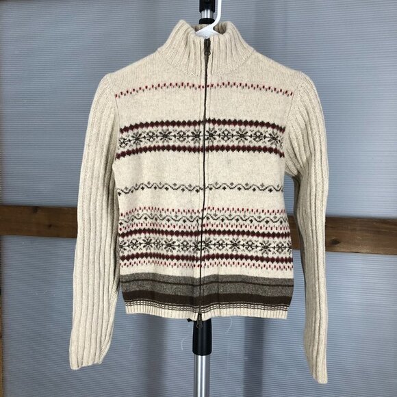 EDDIE BAUER Vintage Lambswool Cream Brown Red Fair Isle Zipper Knit Cardigan SzS - Picture 1 of 12